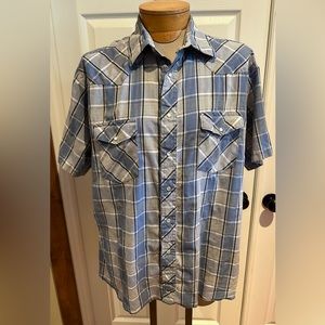 Wrangler Shirt Men’s Size XL Blue White Plaid Pearl Snap Western